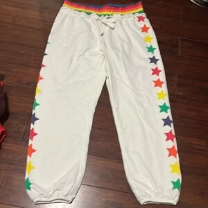 White Rainbow Star Sweatpants - Colorful Waistband